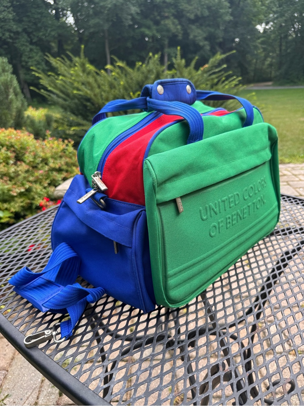 Vintage United Colors of Benetton Green & Blue Canvas Travel Bag w Red Accent